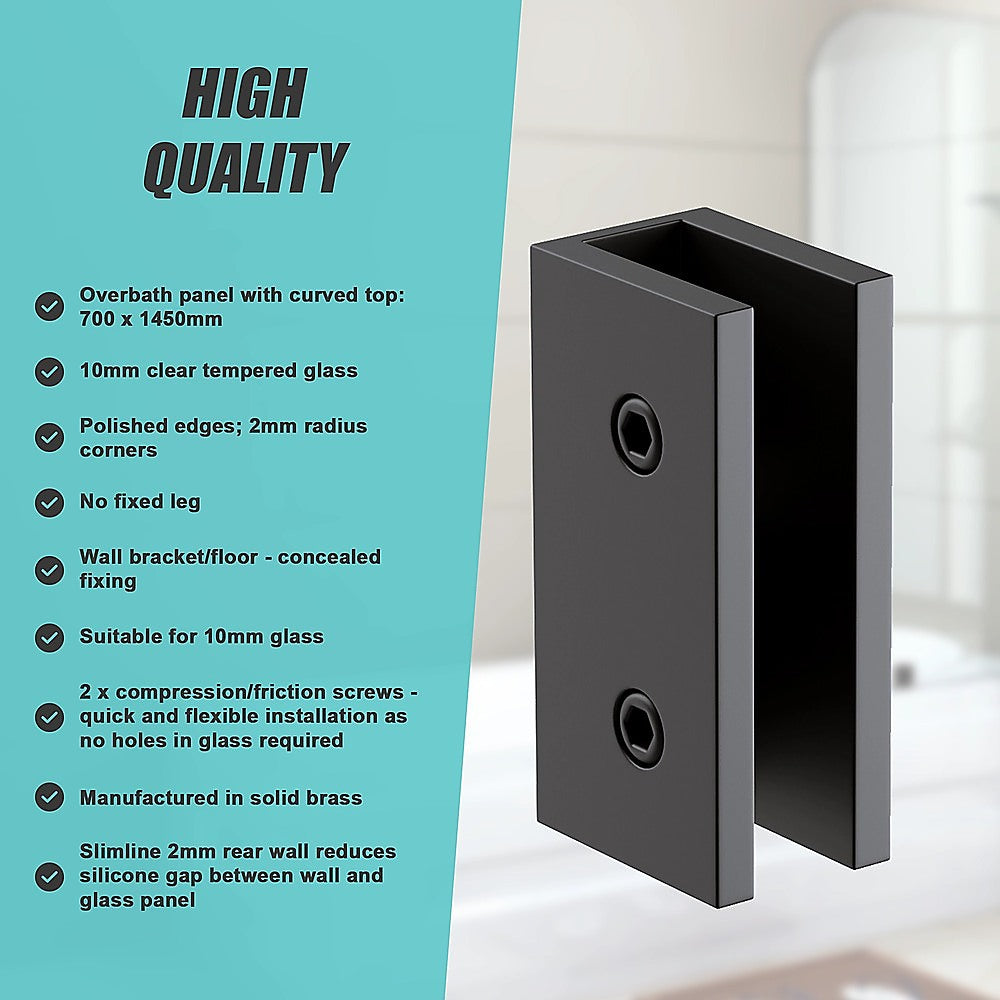 70cm Frameless Glass Bath Screen with Brackets - Black