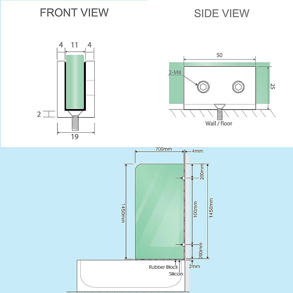 70cm Frameless Glass Bath Screen with Brackets - Black