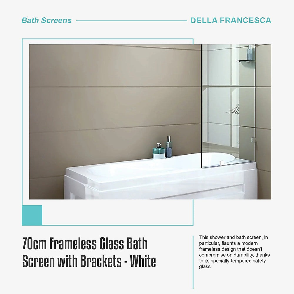 70cm Frameless Glass Bath Screen with Brackets - White