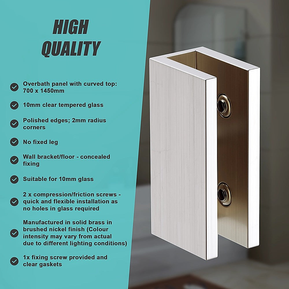 70cm Frameless Glass Bath Screen with Brackets - Nickel