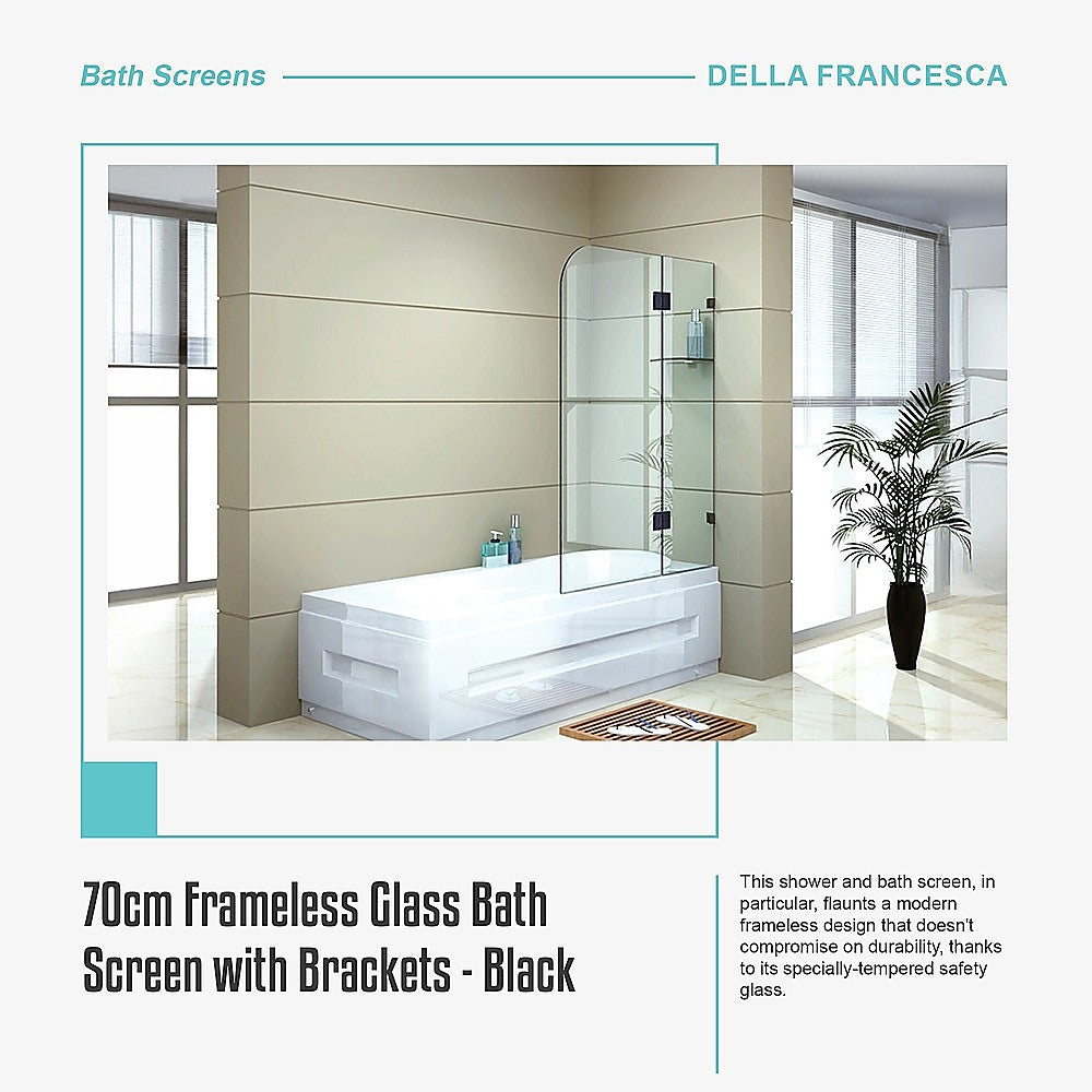 70cm Frameless Glass Bath Screen with Brackets - Black