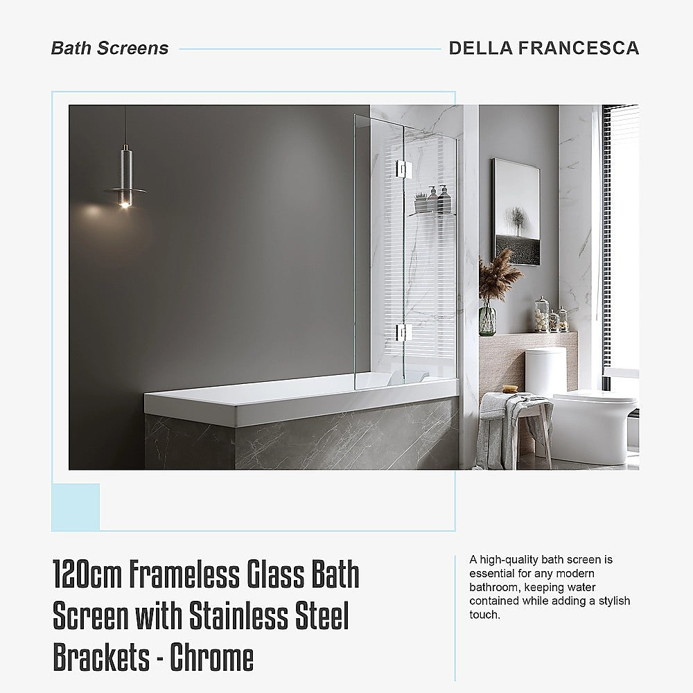 120cm Frameless Glass Bath Screen with Stainless Steel Brackets - Chrome