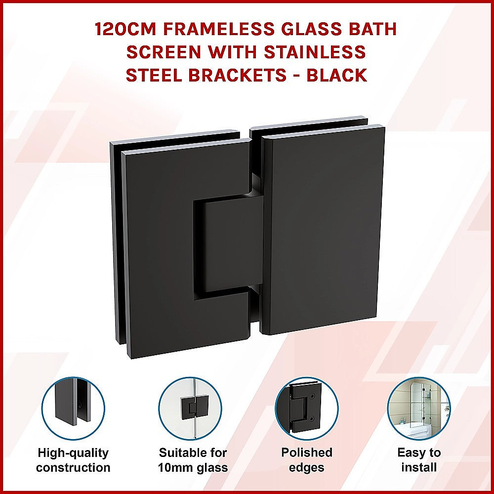 120cm Frameless Glass Bath Screen with Stainless Steel Brackets - Black
