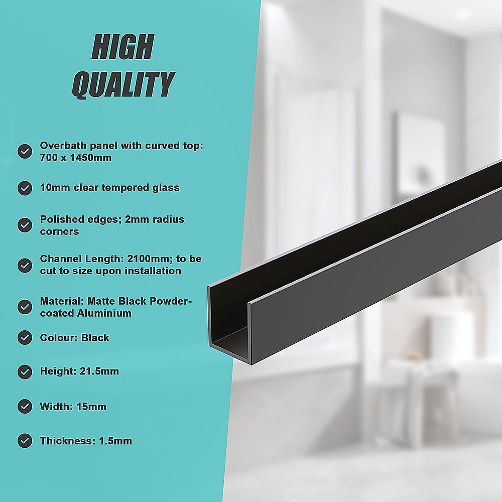 70cm Frameless Glass Bath Screen with Wall Channel - Black