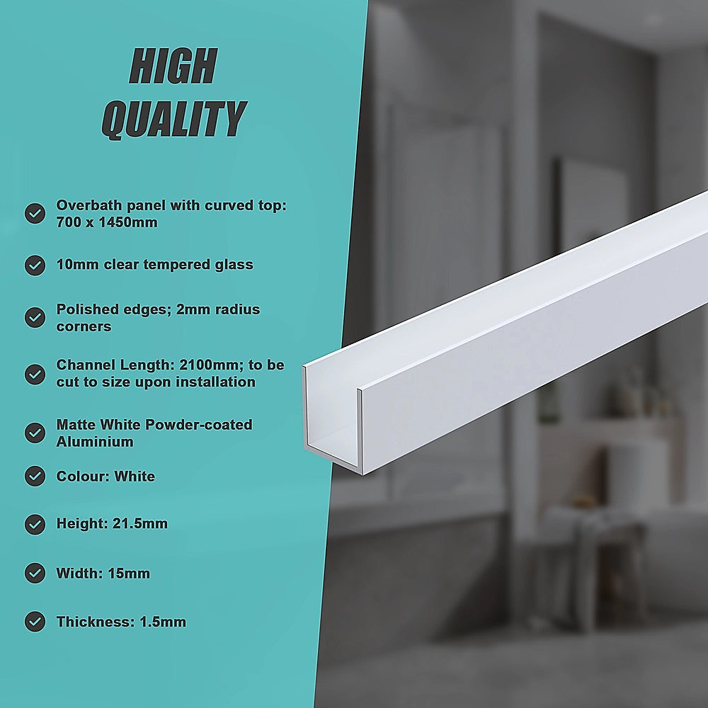 70cm Frameless Glass Bath Screen with Wall Channel - White