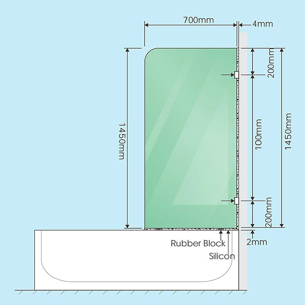 70cm Frameless Glass Bath Screen with Wall Channel - Nickel