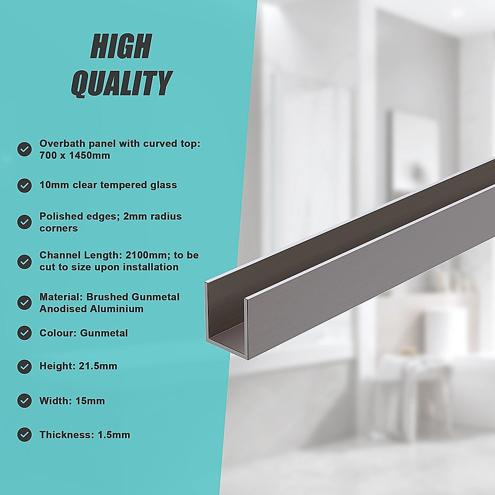 70cm Frameless Glass Bath Screen with Wall Channel - Gunmetal