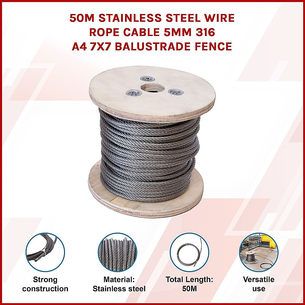 50m Stainless Steel Wire Rope Cable 5mm 316 A4 7x7 Balustrade Fence