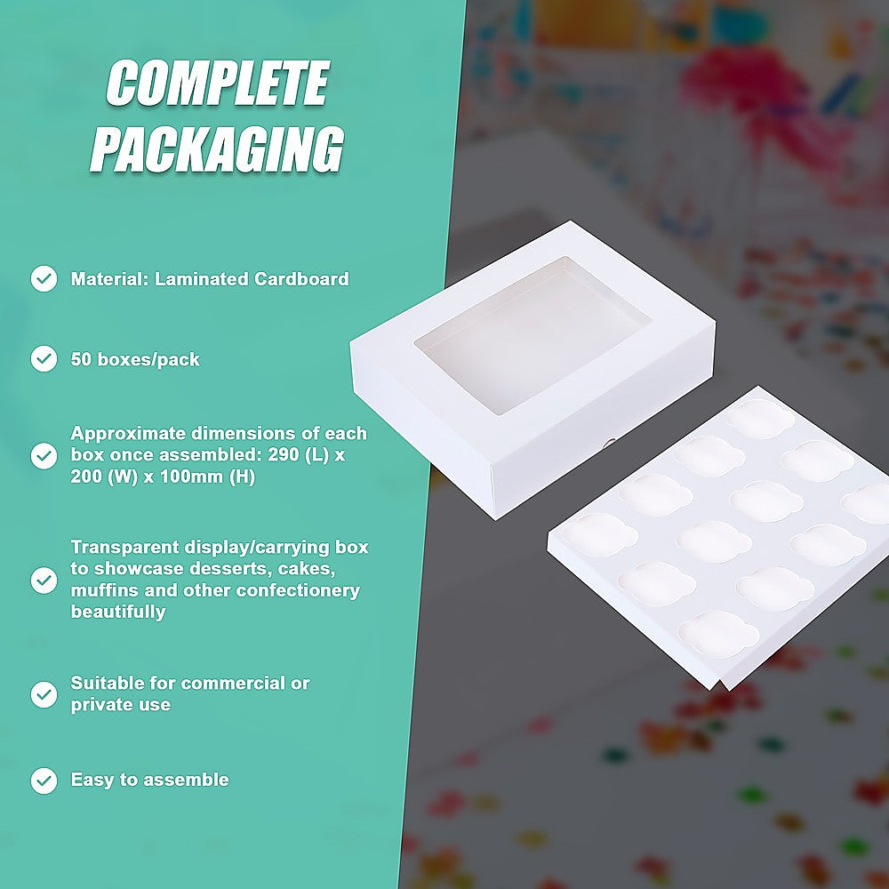50pcs Cupcake Boxes 12-Hole Laminated Clear Window Face Boxes Favour