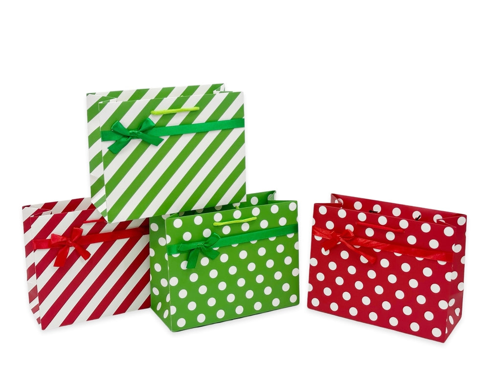 bulk 48 Medium Red & Green Dots Stripes Gift Bag Assorted 23cm