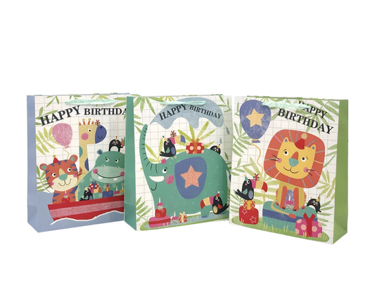 bulk 24 Medium Happy Jungle Birthday Gift Bag 3 Assorted 17x23cm