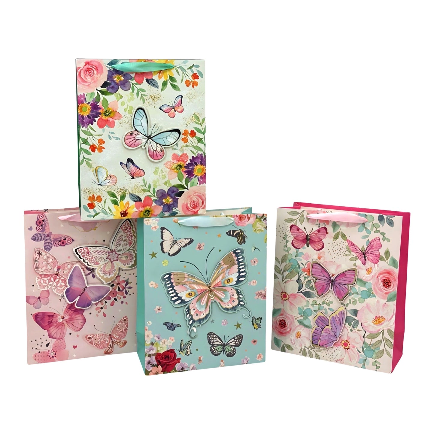 Bulk 24 Xlarge 3D Foiled Butterfly Gift Bag 4 Assort