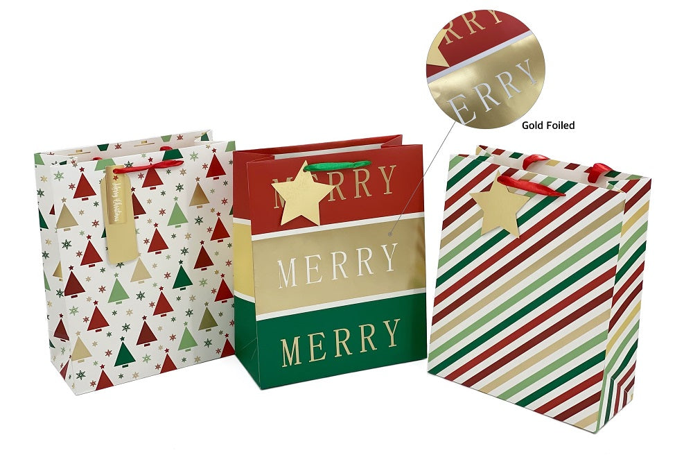 bulk 48 Small Merry Deluxe Foiled Xmas Gift Bag Sml Assort Present 14cm