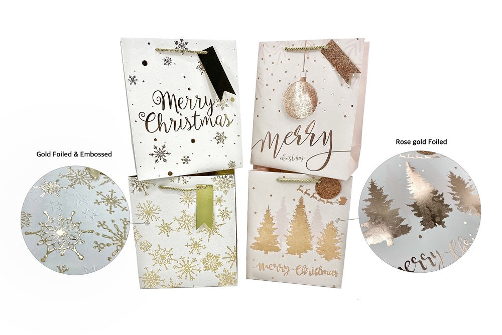 bulk 48 Medium Foiled Xmas Gift Bag Assort Present 23cm