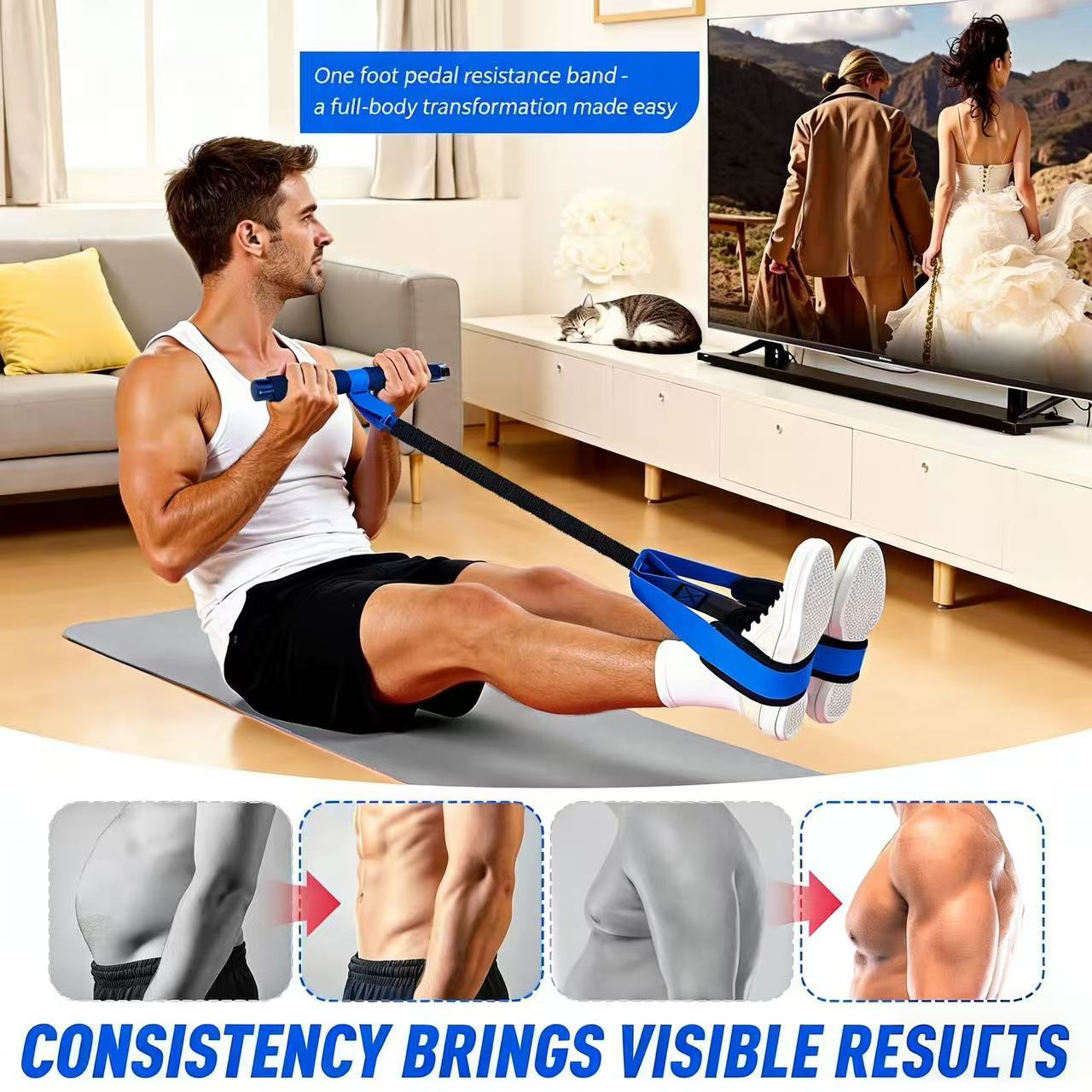Blue Multifunctional Pedal Resistance Band - Home Fitness Sit-up Assistant with Foot Pedals and Elastic Pull Rope - Full Body Workout Equipment for Abs, Arms, Legs and Glutes