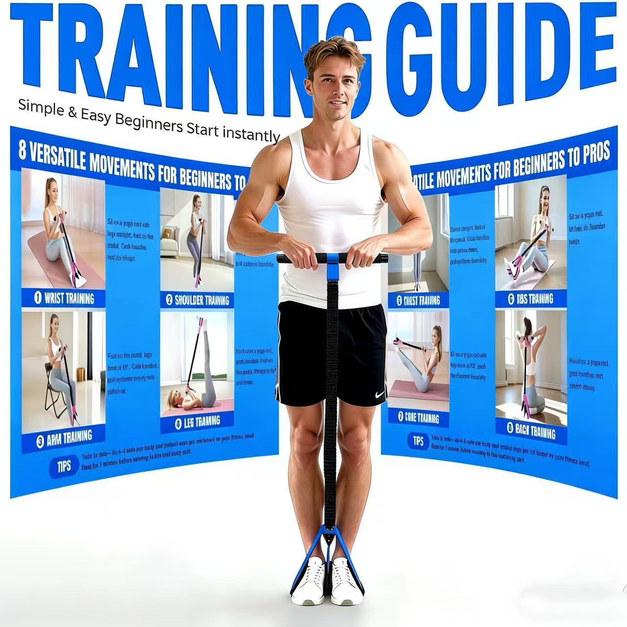 Blue Multifunctional Pedal Resistance Band - Home Fitness Sit-up Assistant with Foot Pedals and Elastic Pull Rope - Full Body Workout Equipment for Abs, Arms, Legs and Glutes