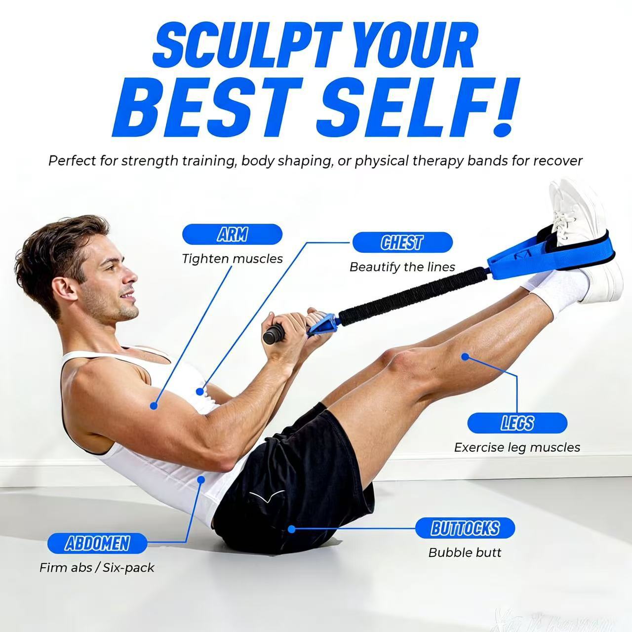 Black Multifunctional Pedal Resistance Band - Home Fitness Sit-up Assistant with Foot Pedals and Elastic Pull Rope - Full Body Workout Equipment for Abs, Arms, Legs and Glutes