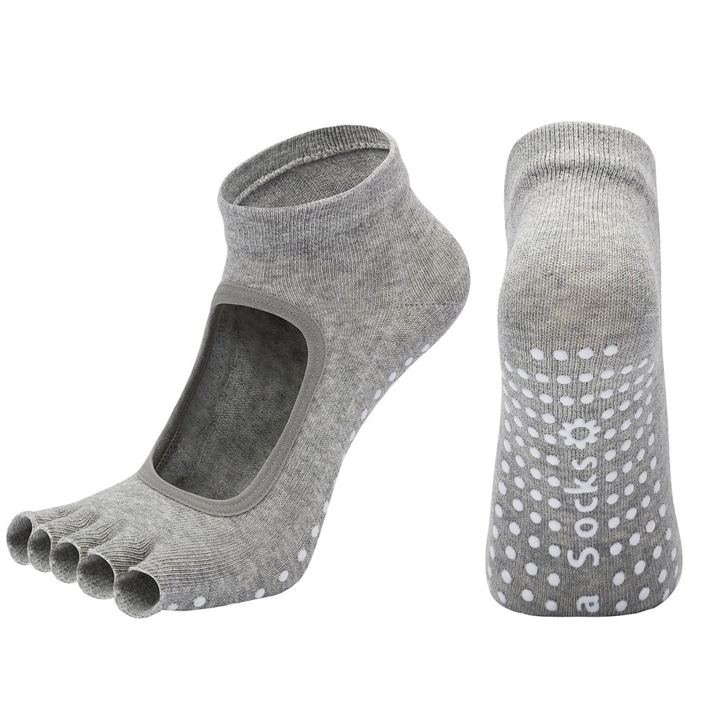 Light Grey 3-Pack Women's Non-Slip Five-Finger Yoga Socks - Open Back Combed Cotton Pilates & Fitness Grip Socks for Professional Exercise