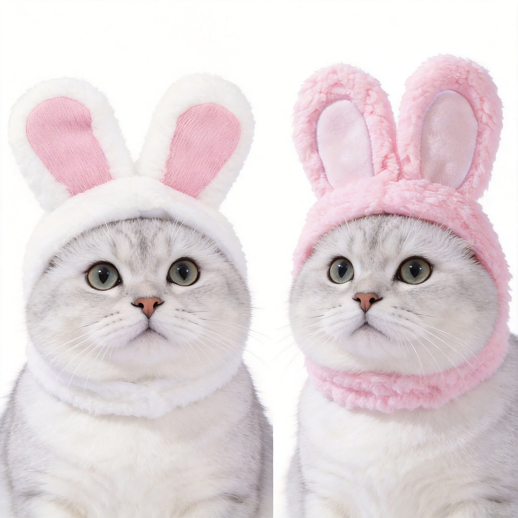 2 Pcs (White and Pink) Adorable Bunny Ears Cat Hat – Soft Plush Pet Costume Headband for Cats