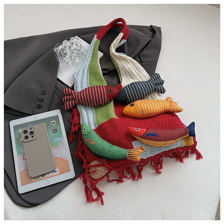 Green handbag strap Knitted Patchwork Tote Bag – Spacious, Fringed, Single-Shoulder Design