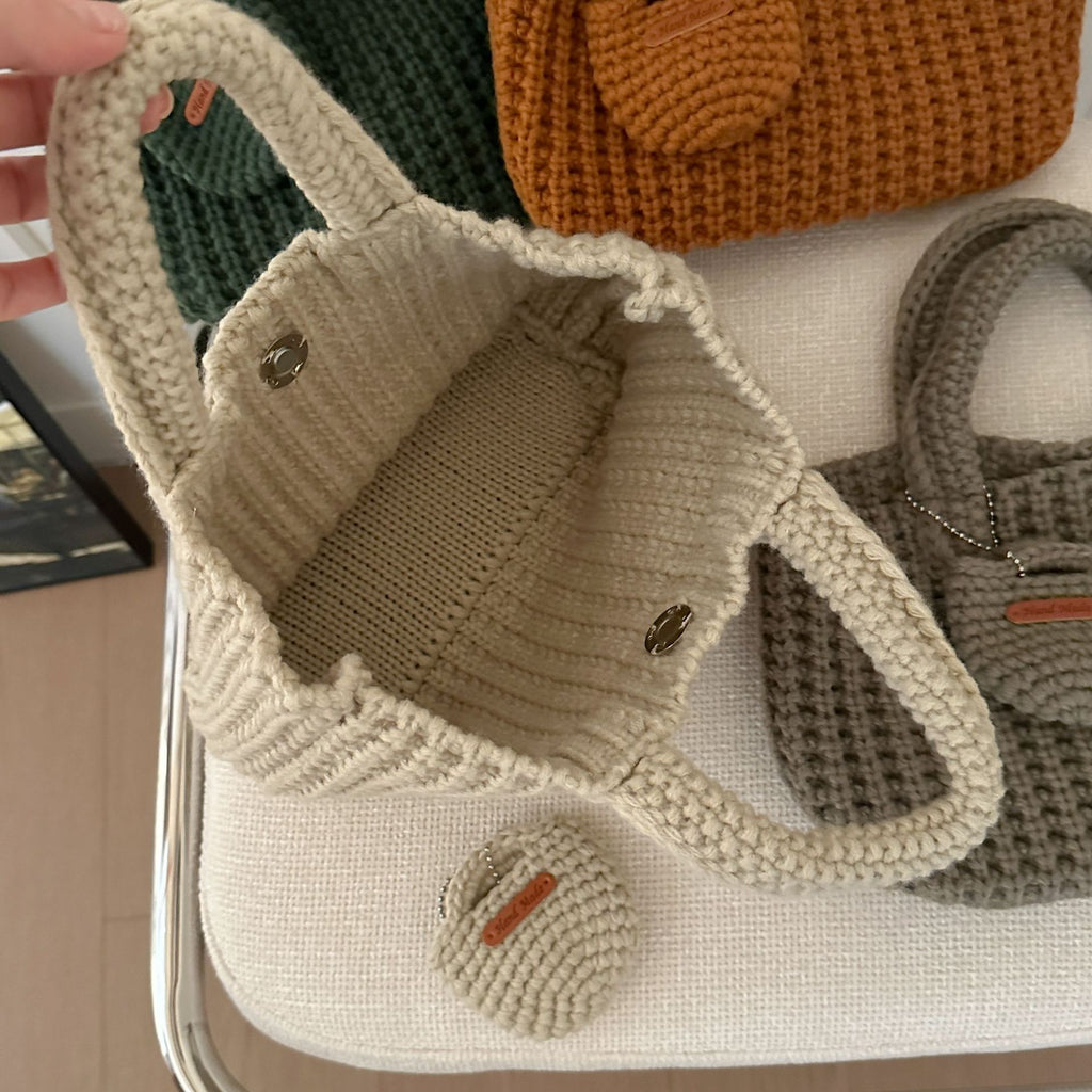 Khaki Handcrafted Crochet Tote Bag – Vintage-Style Woven Cotton-Yarn Look Bag