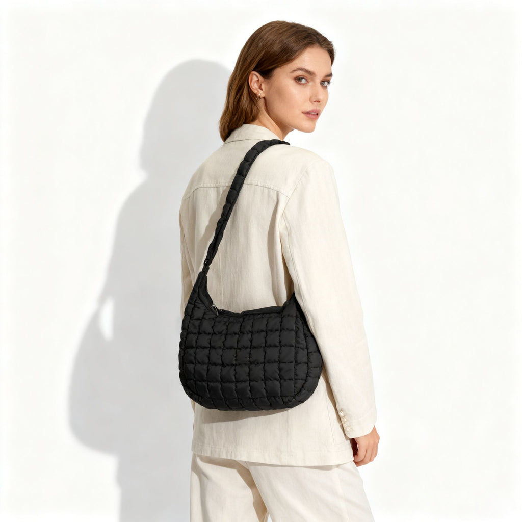 Khaki Ruched Cloud Shoulder Bag with Puffy Down Cotton Padded Dumpling Shape Lightweight Crossbody Handbag for Local Women Fashionable Daily Essential