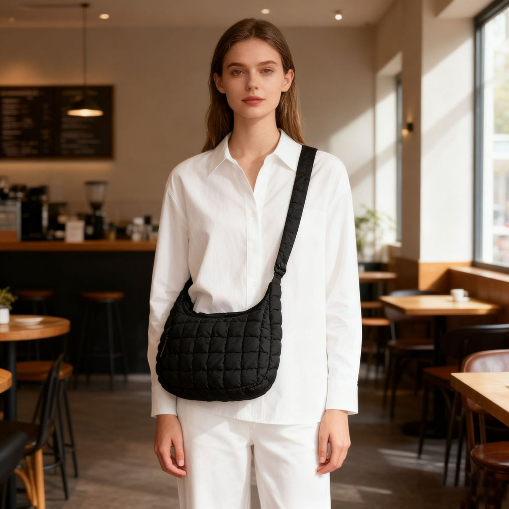 Khaki Ruched Cloud Shoulder Bag with Puffy Down Cotton Padded Dumpling Shape Lightweight Crossbody Handbag for Local Women Fashionable Daily Essential