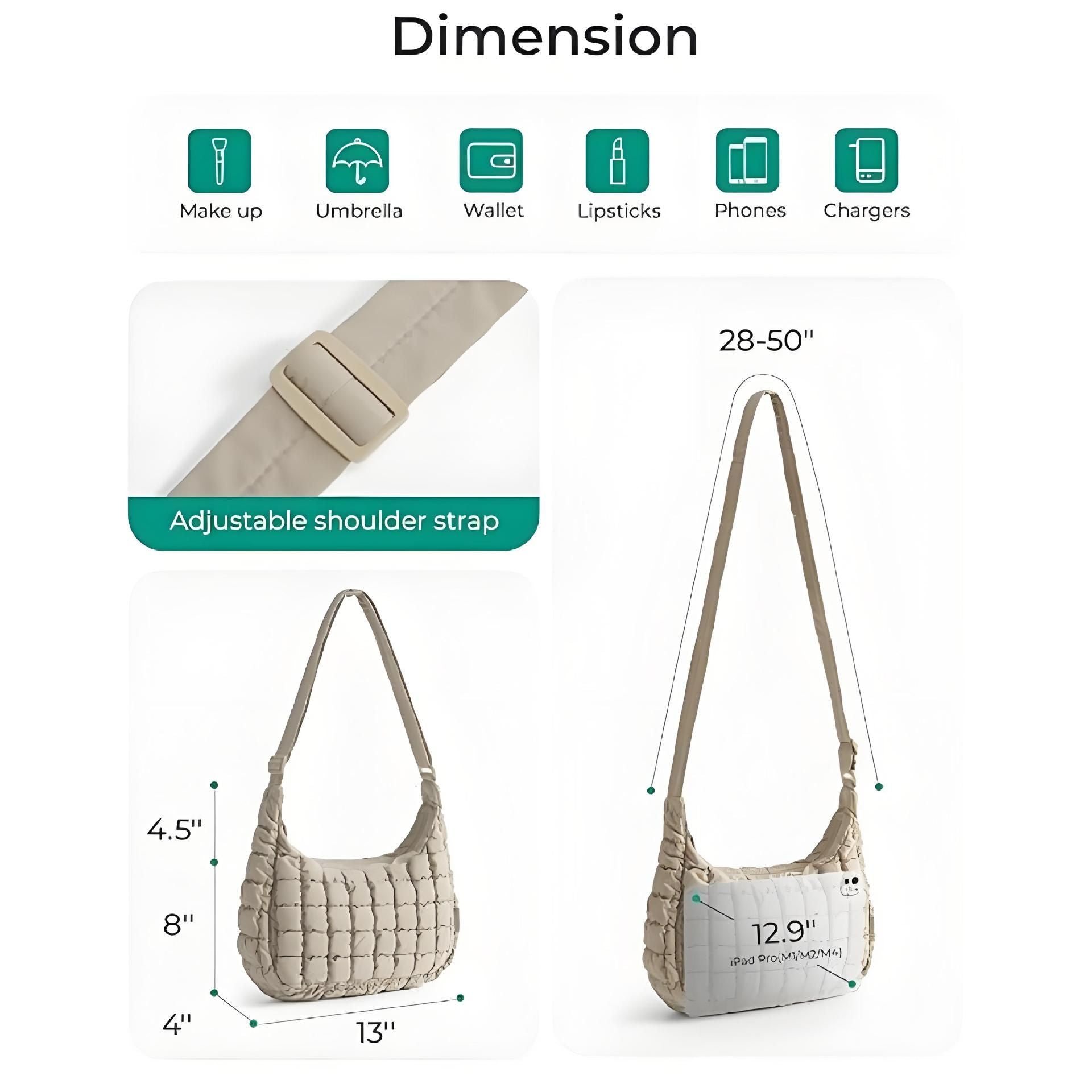 Khaki Ruched Cloud Shoulder Bag with Puffy Down Cotton Padded Dumpling Shape Lightweight Crossbody Handbag for Local Women Fashionable Daily Essential