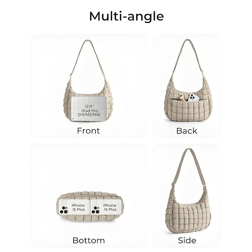 Khaki Ruched Cloud Shoulder Bag with Puffy Down Cotton Padded Dumpling Shape Lightweight Crossbody Handbag for Local Women Fashionable Daily Essential
