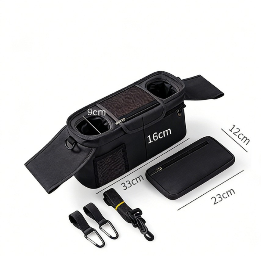 Black Universal Stroller Organizer Bag - Durable Water-Resistant Fabric - Dual Insulated Cup Holders, Large Capacity Storage Caddy for Diapers and Essentials, Fits Most Prams, Travel Friendly Solution