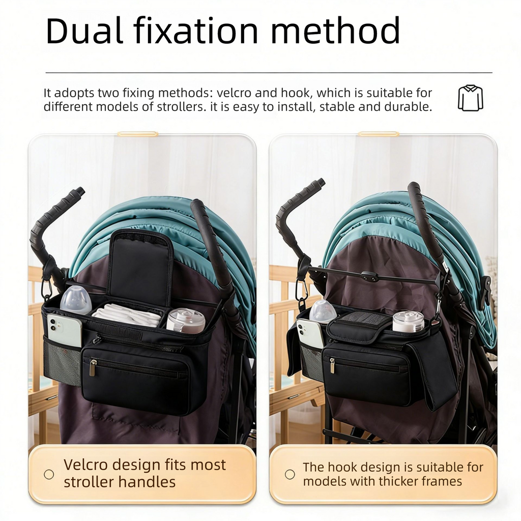 Grey Universal Stroller Organizer Bag - Durable Water-Resistant Fabric - Dual Insulated Cup Holders, Large Capacity Storage Caddy for Diapers and Essentials, Fits Most Prams, Travel Friendly Solution