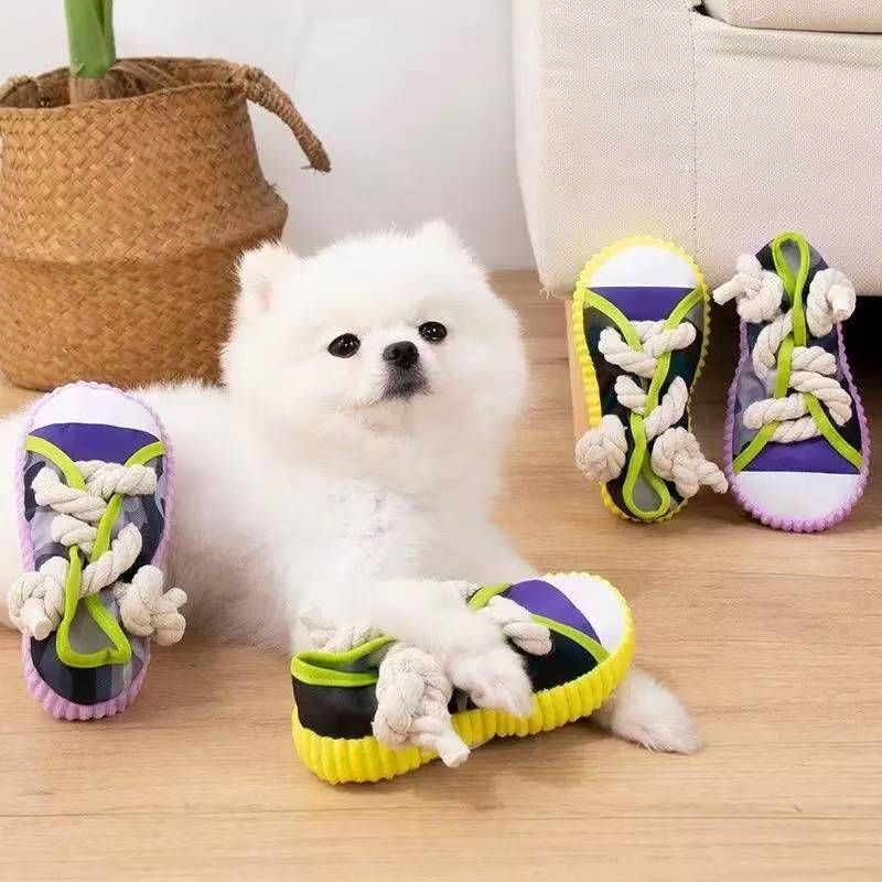 Purple Squeaky Canvas Shoe Dog Toy - Durable Realistic Sneaker Design for Chewing and Teething, Interactive Boredom Buster with Built-in Squeaker, Daily Play and Training Solution for Pets