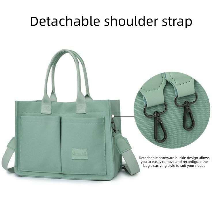 Black Large Canvas Tote Bag for Women - Multi-Pocket Utility Organiser with Wide Adjustable Shoulder Strap - Trendy Crossbody and Handheld Bag for Work, Shopping and Travel - Daily Comfort Solution