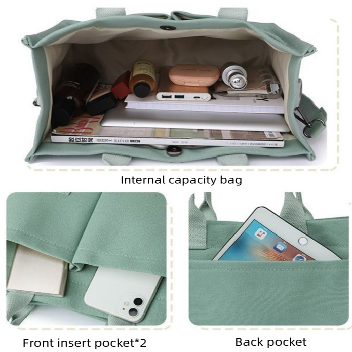 Green Large Canvas Tote Bag for Women - Multi-Pocket Utility Organiser with Wide Adjustable Shoulder Strap - Trendy Crossbody and Handheld Bag for Work, Shopping and Travel - Daily Comfort Solution