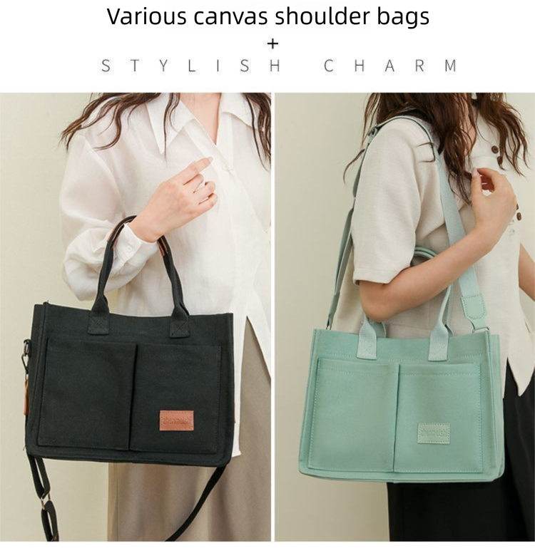 Pink Large Canvas Tote Bag for Women - Multi-Pocket Utility Organiser with Wide Adjustable Shoulder Strap - Trendy Crossbody and Handheld Bag for Work, Shopping and Travel - Daily Comfort Solution