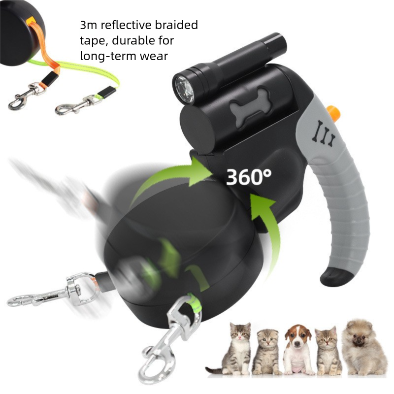 Brown Dual Retractable Dog Leash - Tangle-Free 360 Degree Rotation - Built-in LED Flashlight, Individual Brake and Lock System for Two Dogs, Safety for Night Walking and Outdoor Training