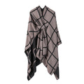 Brown Elegant Check Knit Travel Shawl with Stylish Side-Slit Design - Fall & Winter Luxurious Cashmere-Feel Pullover Cape (135 x 155 CM)