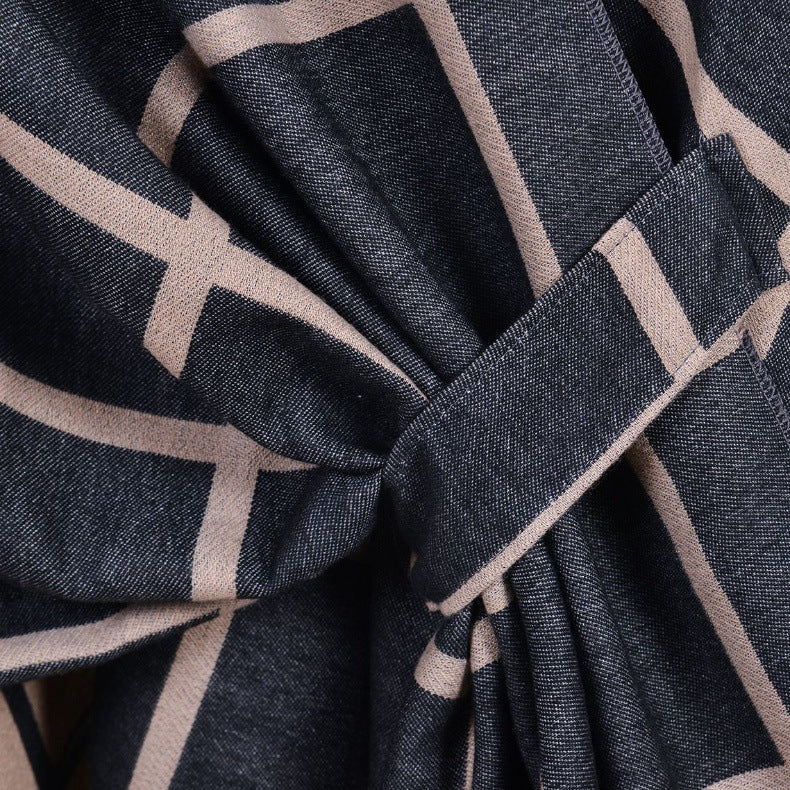 Brown Elegant Check Knit Travel Shawl with Stylish Side-Slit Design - Fall & Winter Luxurious Cashmere-Feel Pullover Cape (135 x 155 CM)