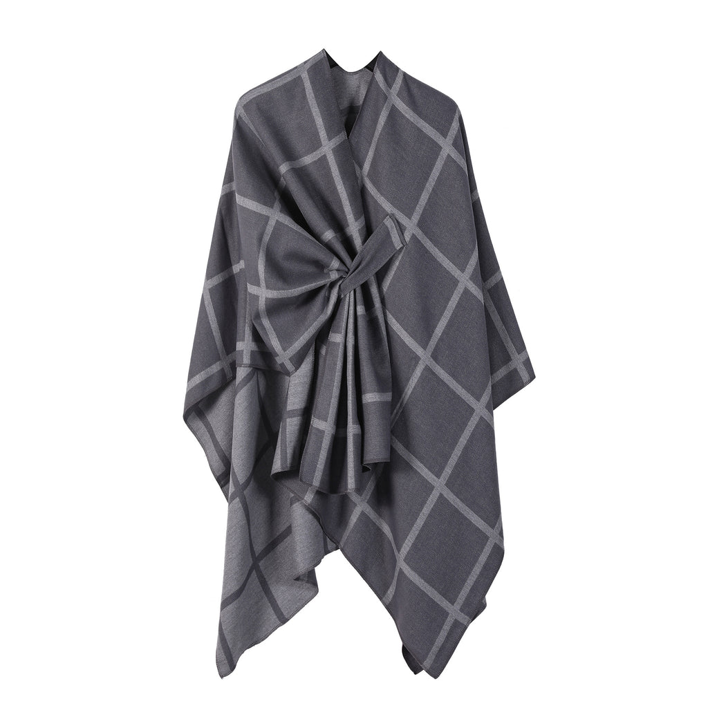 Grey Elegant Check Knit Travel Shawl with Stylish Side-Slit Design - Fall & Winter Luxurious Cashmere-Feel Pullover Cape (135 x 155 CM)