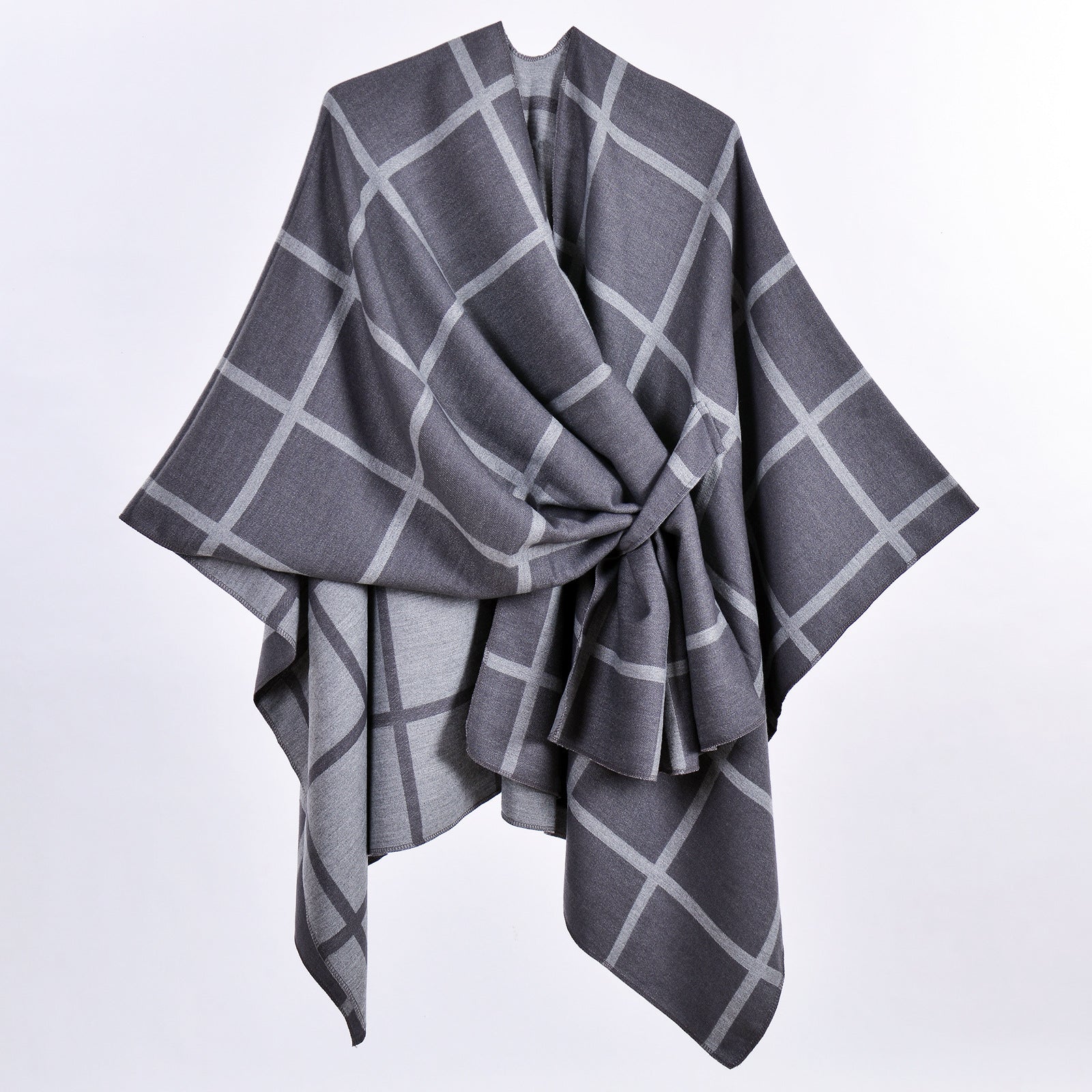 Grey Elegant Check Knit Travel Shawl with Stylish Side-Slit Design - Fall & Winter Luxurious Cashmere-Feel Pullover Cape (135 x 155 CM)