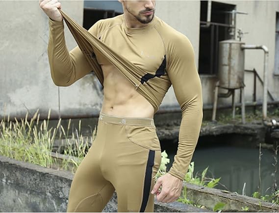 2-Pack XL Size Men's Tactical 4-Way Stretch Fleece Lined Thermal Underwear Set(Black + Khaki) - Winter Sweat-Wicking & Breathable Sportswear for Training & Outdoors