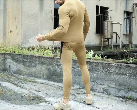 2-Pack XL Size Men's Tactical 4-Way Stretch Fleece Lined Thermal Underwear Set(Black + Khaki) - Winter Sweat-Wicking & Breathable Sportswear for Training & Outdoors