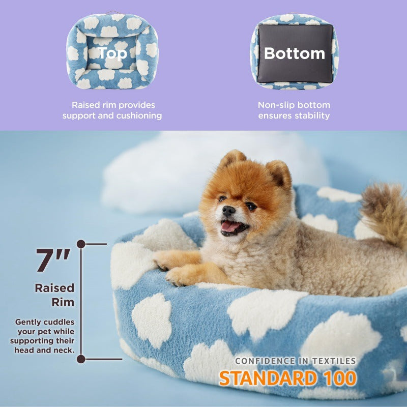 91x68x20 CM Cute Square Plush Pet Bed with Removable Cover & 5 Bolsters Support - Purple Plaid Machine Washable Calming Dog & Cat Sofa