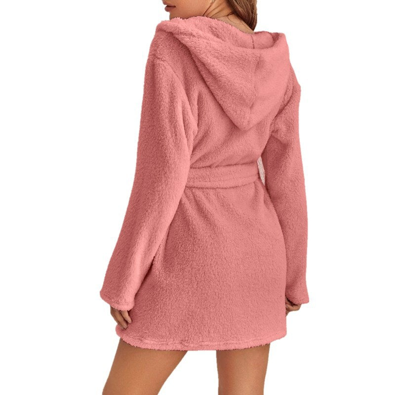 Pink 5XL Size Women's Ultra-Thick Plush Robe with Large Hood & Pockets  - Warm Winter Double-Layer Sherpa Fleece Lounge, Bathrobe & Nightwear