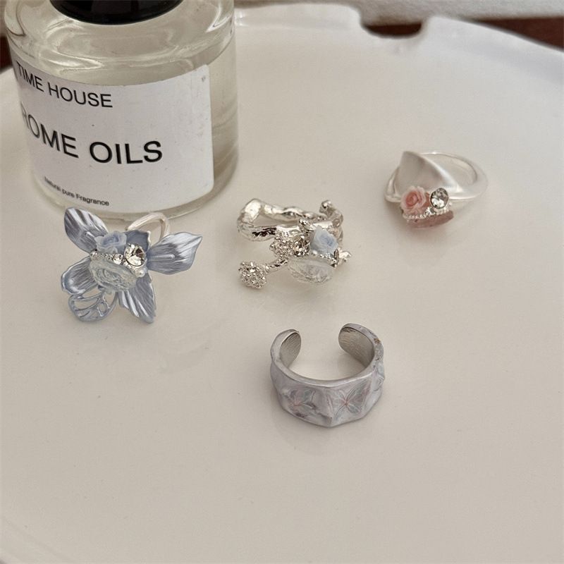 2PCS Vintage Camellia Handmade Enamel Stackable Wide Metal Rings A+B with Zirconia Accents - French Style Stackable Floral Band for Women