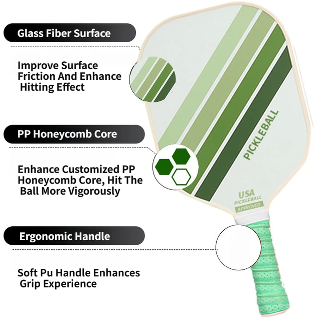 2PCS Green Striped Fiberglass Pickleball Paddles & 4PCS Balls Set with Black Carry Bag - Shock Absorbing Honeycomb Core & Anti-Slip Grip - USAPA Standard Lightweight Sports Racket