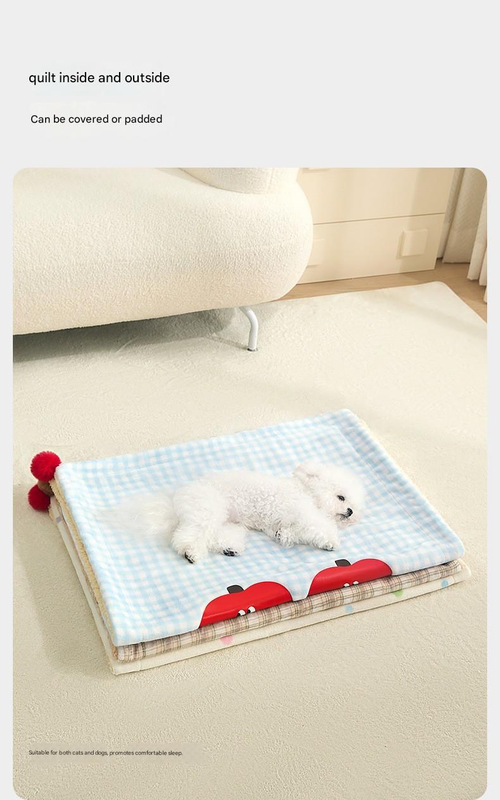 L size 2-Piece Plaid Apple Pet Blanket and Pillow Set - Soft Cotton Plush Sleeping Mat for Dogs and Cats, All-Season Reversible Cushion Bed with Cute Bear Pillow, Machine Washable Pet Bed Accessories
