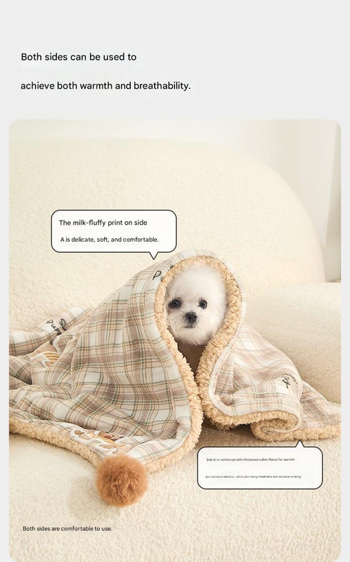 L size 2-Piece Plaid Apple Pet Blanket and Pillow Set - Soft Cotton Plush Sleeping Mat for Dogs and Cats, All-Season Reversible Cushion Bed with Cute Bear Pillow, Machine Washable Pet Bed Accessories