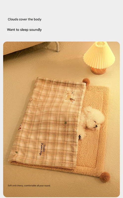 L size 2-Piece Plaid Puppy Pet Blanket and Pillow Set - Soft Cotton Plush Sleeping Mat for Dogs and Cats, All-Season Reversible Cushion Bed with Cute Bear Pillow, Machine Washable Pet Bed Accessories