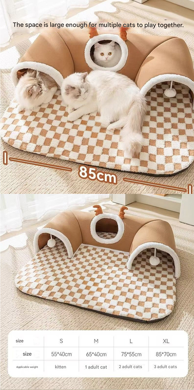 Brown XL size Cat Tunnel Bed House 4-Season Universal Removable Washable U-Shaped Cat Cave with Multi-Entrance, Plush Hideaway Pet Nest with Detachable Mat for Indoor Cats, Non-Slip Bottom, Multi-Cat Friendly